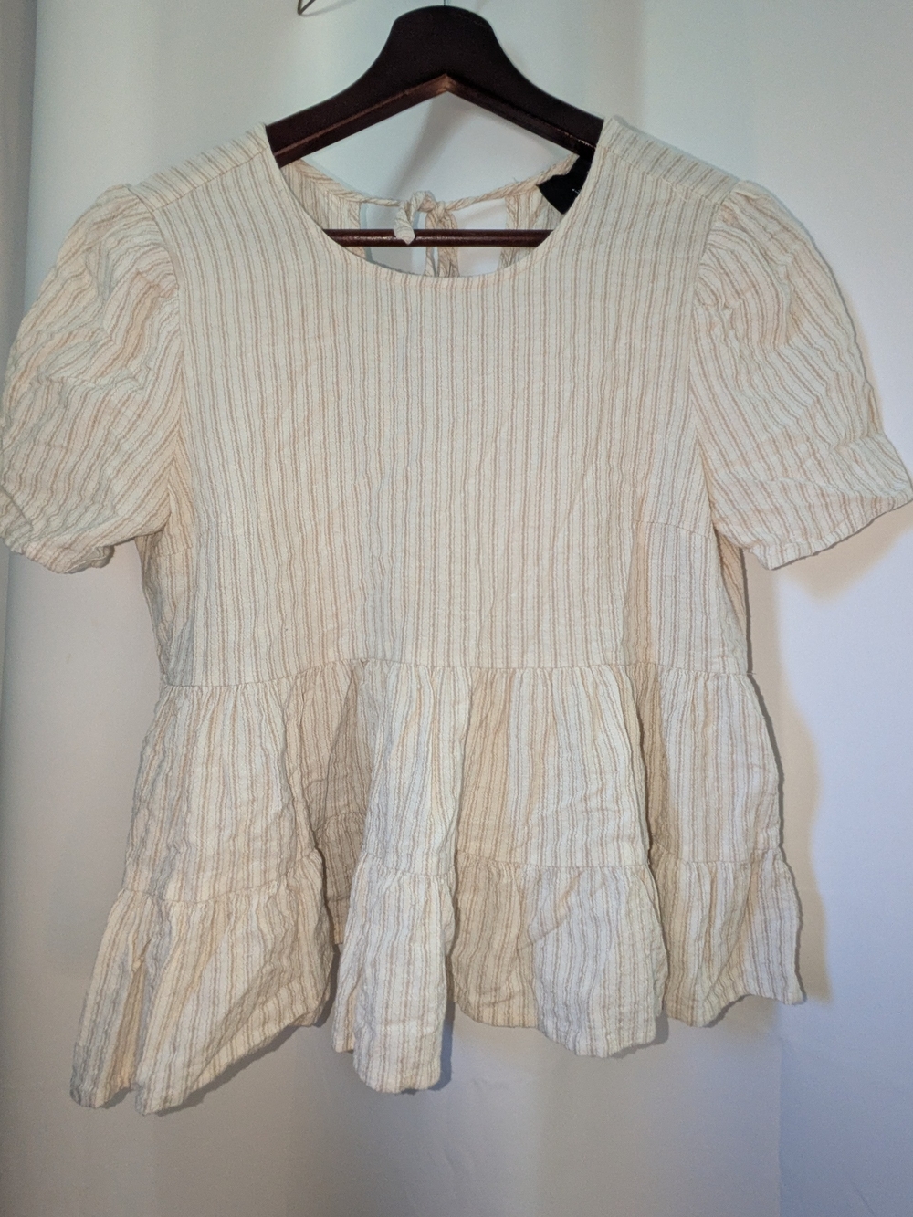 Lumiére Cream Striped Peplum Short Sleeve Top